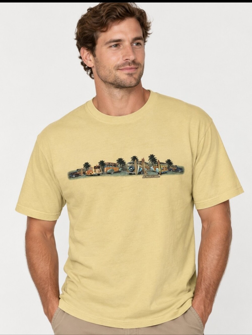 NWT Newport Blue Men XXL Graphic T-Shirt Cotton Yellow Woodie Surf Wagon Beach